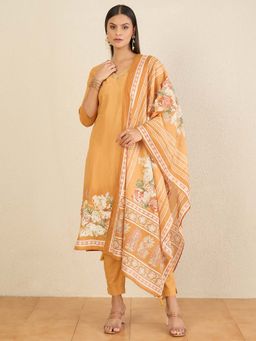 CHETI - Women Pure Cotton Digital Floral Printed Kurta and Pant with Dupatta - Mustard
