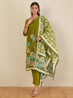 CHETI - Women Pure Cotton Digital Floral Printed Kurta and Pant with Dupatta - Olive