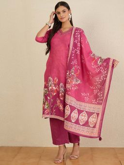 CHETI - Women Pure Cotton Digital Floral Printed Kurta and Pant with Dupatta - Pink