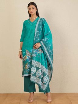 CHETI - Women Pure Cotton Digital Floral Printed Kurta and Pant with Dupatta - Blue