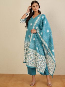CHETI - Women Pure Cotton Digital Floral Printed Kurta and Pant with Dupatta - Blue