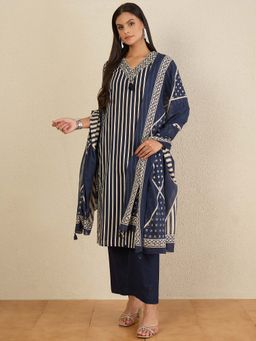 CHETI - Women Pure Cotton Stripes Printed Kurta and Pant with Dupatta - Blue