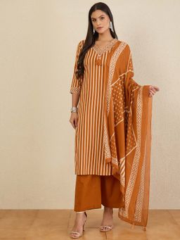 CHETI - Women Pure Cotton Stripes Printed Kurta and Pant with Dupatta - Mustard