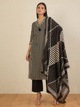 CHETI - Women Pure Cotton Stripes Printed Kurta and Pant with Dupatta - Black