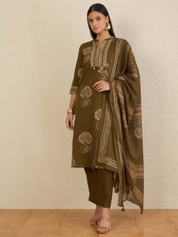 CHETI - Women Pure Cotton Floral Printed Kurta and Pant with Dupatta - Olive