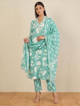 CHETI - Women Pure Cotton Floral Printed Kurta and Pant with Dupatta - Aqua