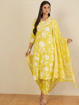 CHETI - Women Pure Cotton Floral Printed Kurta and Pant with Dupatta - Yellow