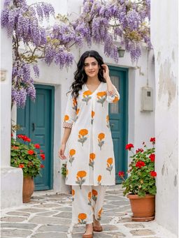 Missprint - Off White and Orange Marigold Handblock Cotton Co-Ord Set