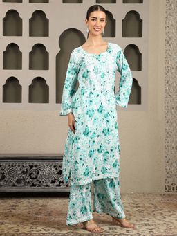 ILLICA - Women Regular Fit Floral Printed Chikankari Co-Ord Set - Aqua