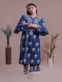 ILLICA - Women Regular Fit Chikankari Kurta with Pant - Navy Blue
