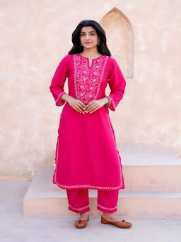ILLICA - Women Regular Fit Chikankari Kurta with Pant - Pink