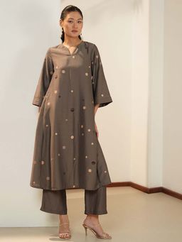 Pink Fort - Silk Blend Polka Dots Printed Kurta with Pant - Grey