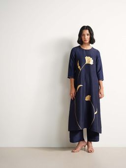 Pink Fort - Silk Blend Gold Floral Printed Kurta with Pant- Navy Blue