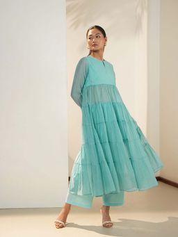 Pink Fort - Viscose Silk Embroidered Anarkali Kurta with Pant - Blue