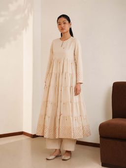 Pink Fort - Viscose Polka Dot Printed A-Line Anarkali Kurta with Pant - Beige
