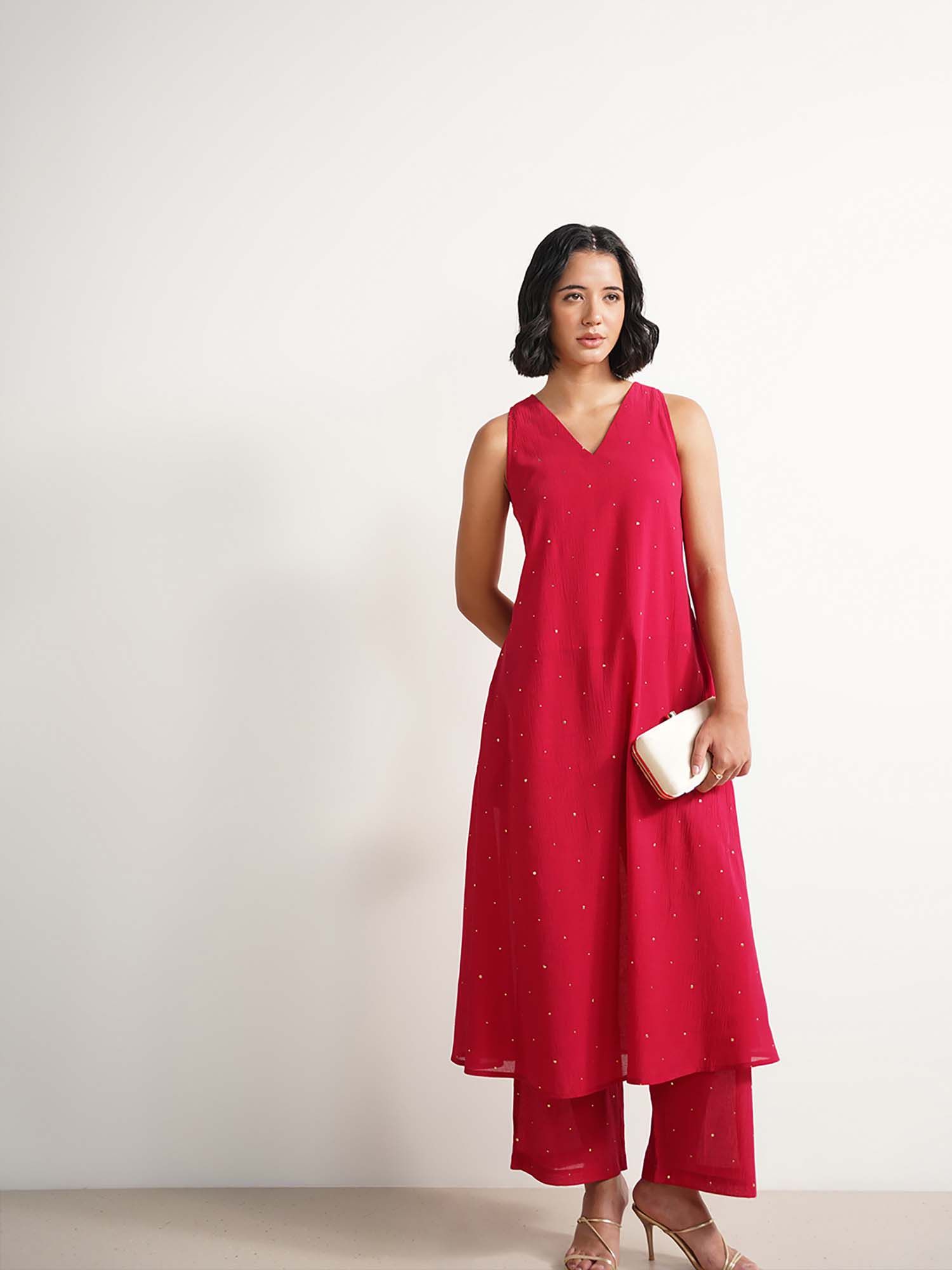 pink fort Chiffon Embellished A-Line Co-Ord Set - Red-picture-29