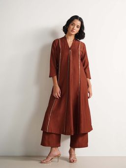 Pink Fort - Silk Blend Solid A-Line Co-Ord Set - Rust