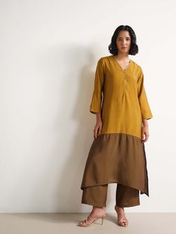 Pink Fort - Viscose Colorblock A-Line Co-Ord Set - Mustard