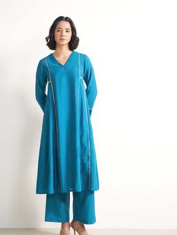 Pink Fort - Viscose Solid A-Line Co-Ord Set - Blue