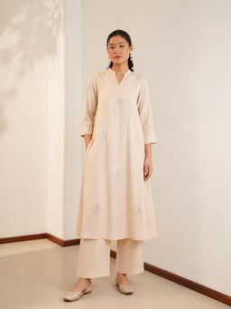 Pink Fort - Silk Blend Embellished Co-Ord Set - Beige