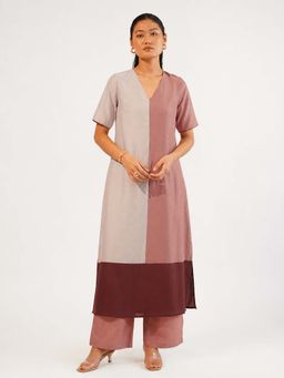 Pink Fort - Silk Blend Colorblock Kurta with Pant - Beige and Rust