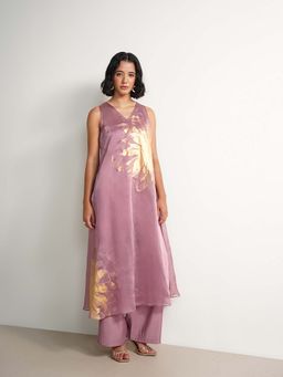 Pink Fort - Viscose Silk Floral Printed Kurta with Pant - Pink and Gold