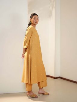 Pink Fort - Silk Blend Embroidered A-Line Co-Ord Set - Yellow