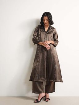 Pink Fort - Viscose Solid V-Neck Co-Ord Set - Taupe