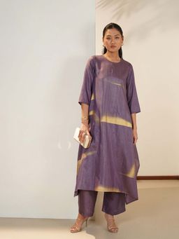 Pink Fort - Viscose Silk Solid A-Line Kurta with Pant - Lavender