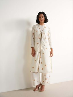 Pink Fort - Silk Blend Gold Floral Printed Co-Ord Set - Off White