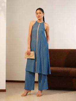 Pink Fort - Chiffon Solid Co-Ord Set - Blue