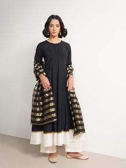 Pink Fort - Viscose Anarkali Kurta and Pant with Dupatta - Black and White
