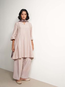Pink Fort - Silk Blend Kurta and Pant with Dupatta - Beige