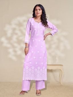 MOJILAA - Lavender Rayon Floral Chikankari Straight Kurta with Pant (Set of 2)