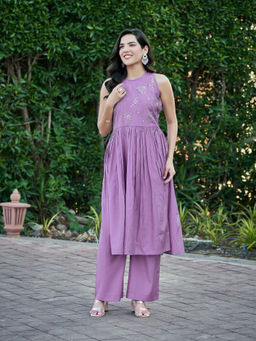 MOJILAA - Lavender Embroidered Nyra-Cut Kurta with Palazzo (Set of 2)