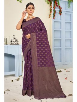 Sangam Prints - Purple Cotton Woven Zari Work Traditional Tassel Saree with Unstitched Blouse