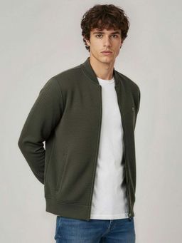 DaMENSCH - Men Green Soft Ribbed Textured Ottoman Bomber Jacket