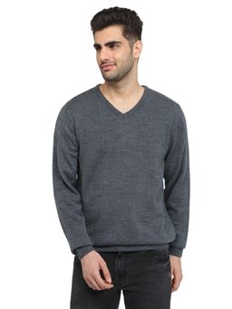 Park Avenue - Regular Fit Dark Grey Acrylic Blend V Neck Sweater