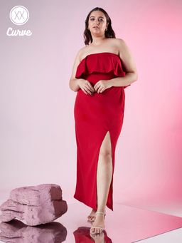 Twenty Dresses by Nykaa Fashion - Curve Red Tube Neck Ruffle Layered Gown