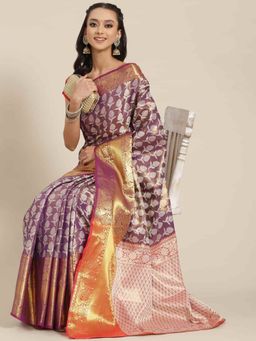 Silk Land - Brocade Heavy Silk Saree with Unsticthed Blouse Piece Purple with Unstitched