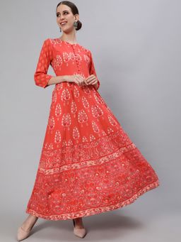 ISHIN - Peach Ethnic Motif Printed Panelled Anarkali Kurta