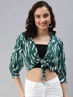 SHOWOFF - Women's Abstract Fitted Green Shirt Collar Crop Top