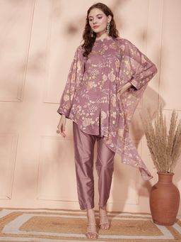 FASHOR - Ethnic Floral Printed Kurta with Pant - Rose Gold (Set of 2)