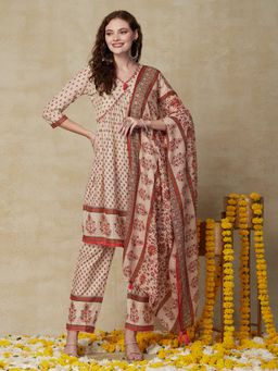 FASHOR - Floral Printed Kurta with Pant And Dupatta - Beige (Set of 3)