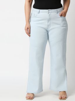 High Star - Women Blue Straight Fit High-Rise Cropped Jeans with Slits