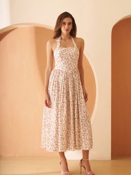 AMAGYAA - White Floral Print Halter Neck Dress