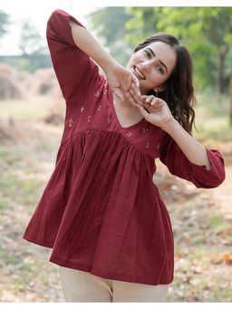 Babli - Cherry Red Embroidered Top