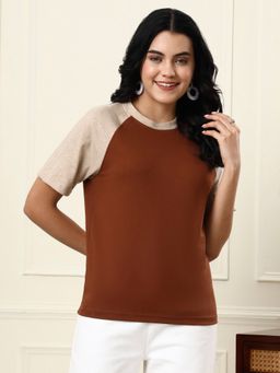 BRINNS - Brown Colour blocked Cotton T-Shirt