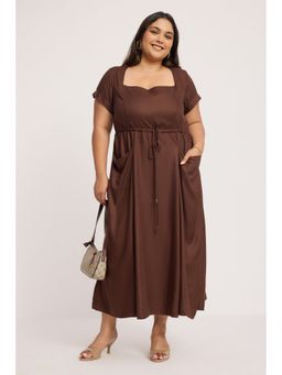 Virgio - Brown Cotton Fit and Flare Plus Size Dress