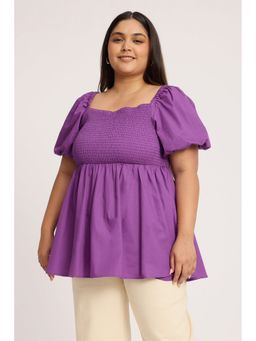 Virgio - Purple Solid Cotton Smocked Square Neck Plus Size Top